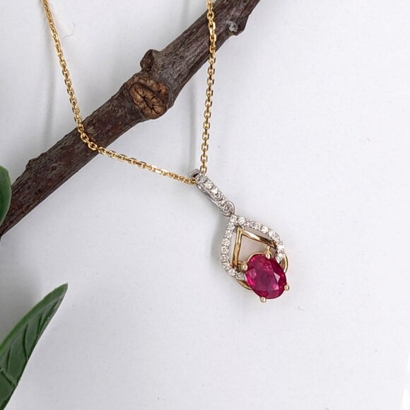 Mozambique Ruby Pendant with Earth Mined Diamonds in Dual Tone 14K Solid Gold - Picture 5 of 11